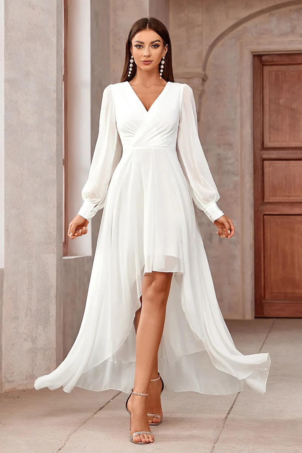 White A-Line Wrap Long Sleeves High-Low Party Dress sold by Zapaka