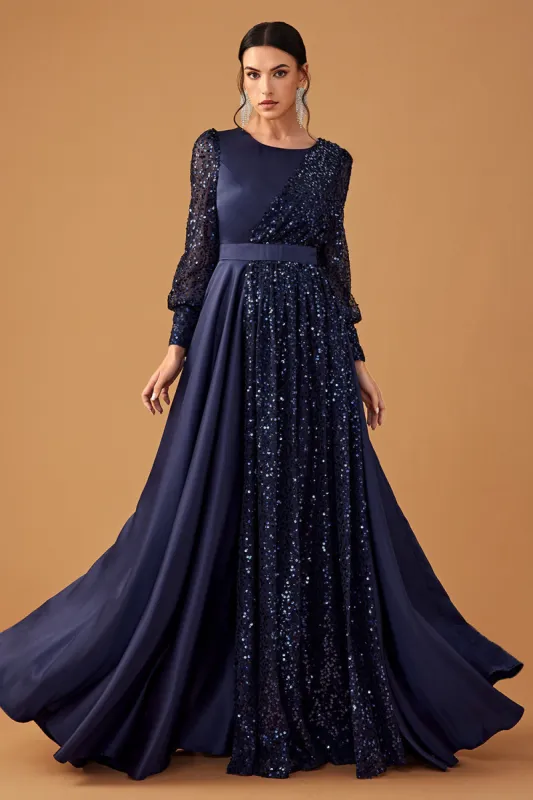 Glitter Sequins Navy A Line Long Prom Dress with Long Sleeves made by Zapaka