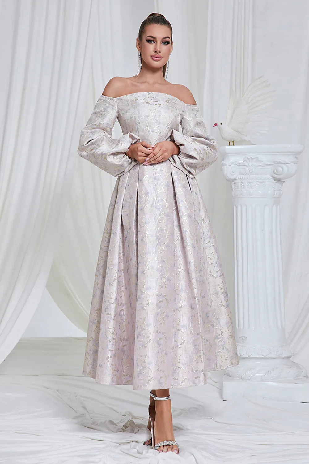Lilac Pleated Off the Shoulder A Line Long Prom Dress with Long Sleeves sold by Zapaka product image thumbnail 5