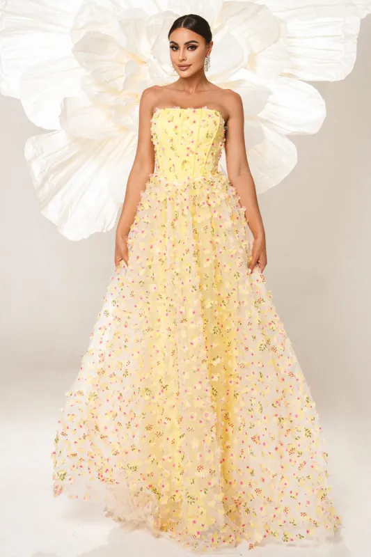 Yellow Strapless A Line Corset Tulle Long Prom Dress with Appliques sold by Zapaka