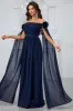 Navy Pleated A Line Off the Shoulder Long Prom Dress sold by Zapaka