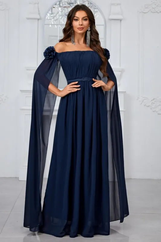 Navy Pleated A Line Off the Shoulder Long Prom Dress sold by Zapaka
