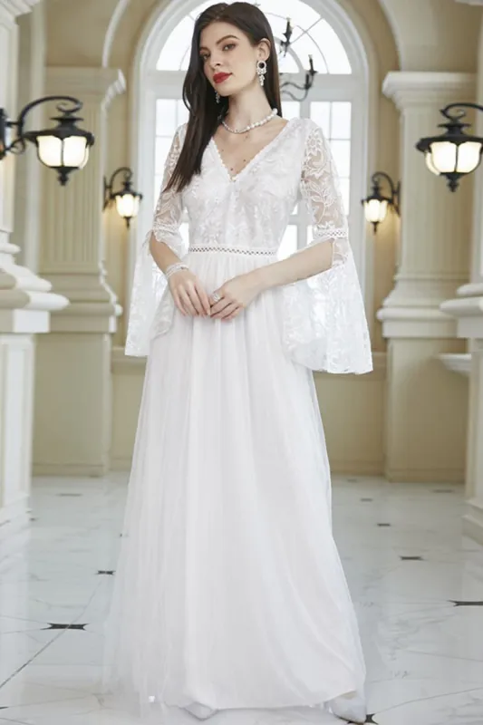 White A-Line V Neck Lace Bell Sleeves Long Wedding Party Dress sold by Zapaka