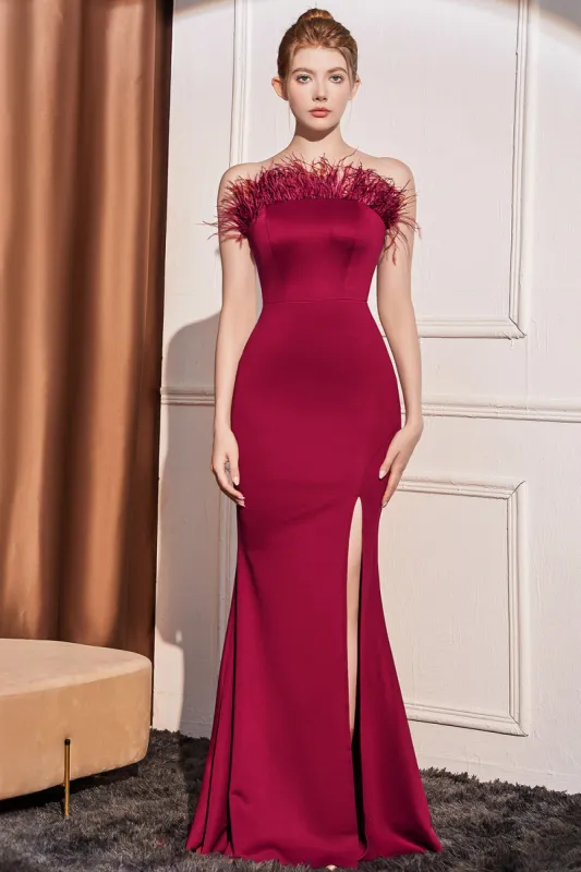 Mermaid Strapless Burgundy Prom Dress with Feathers sold by Zapaka