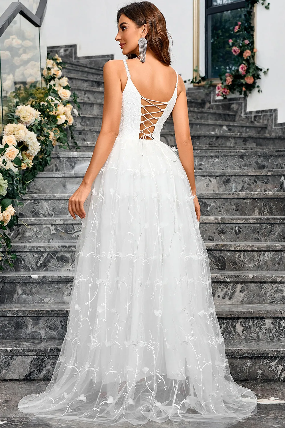 White A-Line Spaghetti Straps Appliques Tulle Long Wedding Party Dress with Slit sold by Zapaka product image thumbnail 2