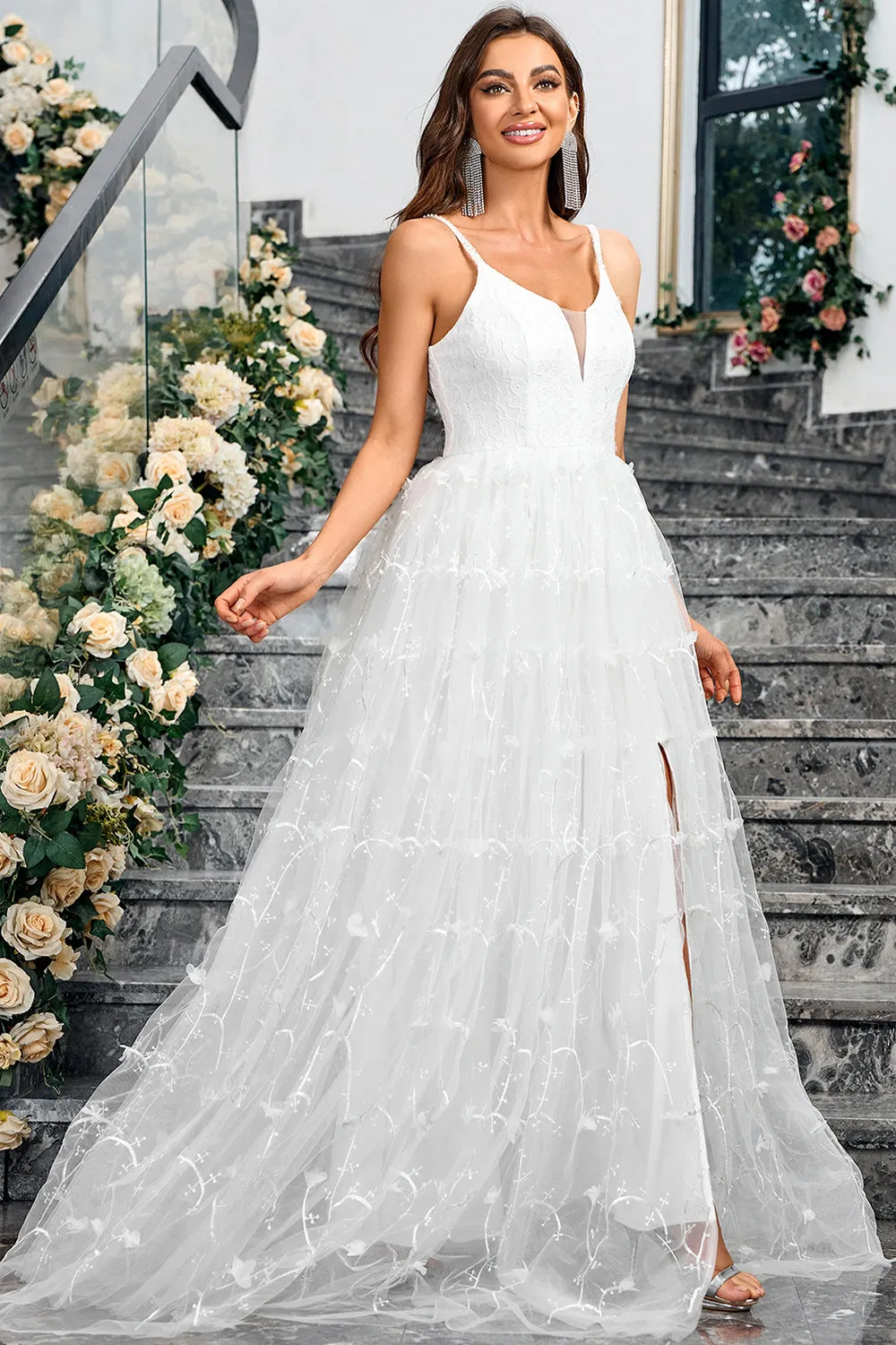 White A-Line Spaghetti Straps Appliques Tulle Long Wedding Party Dress with Slit sold by Zapaka product image thumbnail 3