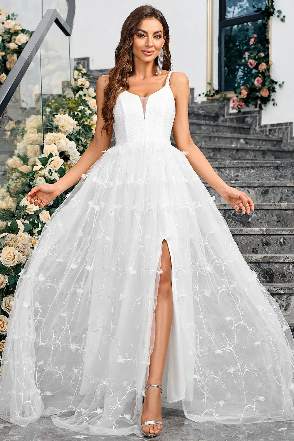 White A-Line Spaghetti Straps Appliques Tulle Long Wedding Party Dress with Slit sold by Zapaka