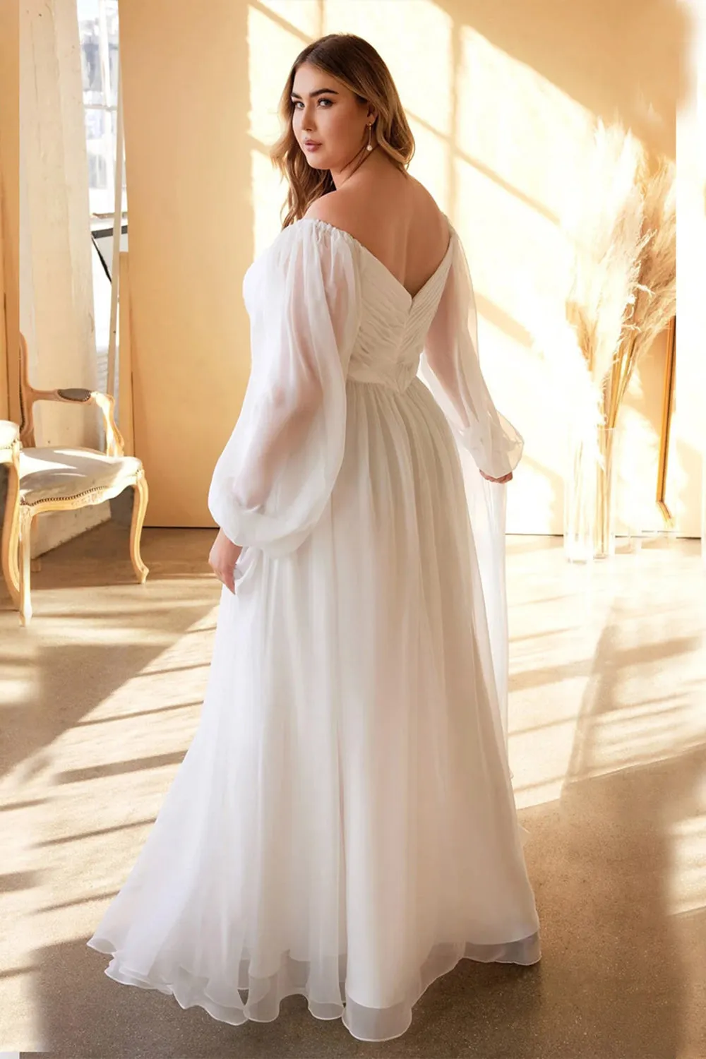 White A-Line Off the Shoulder Long Sleeves Ruched Wedding Party Dress sold by Zapaka product image thumbnail 3