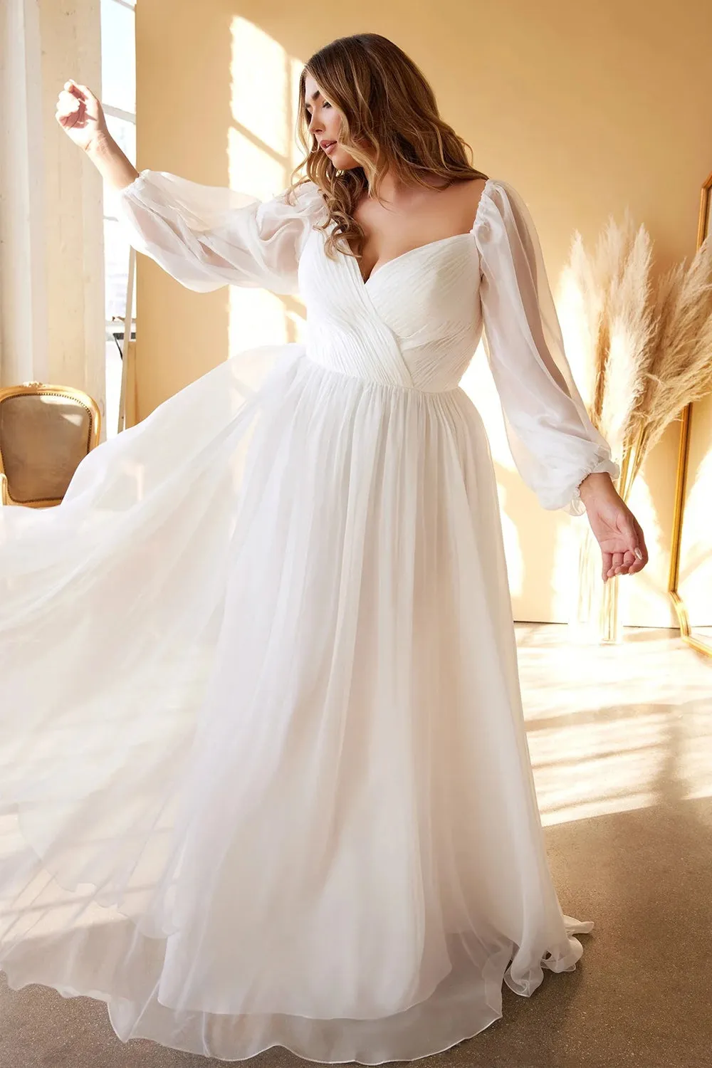 White A-Line Off the Shoulder Long Sleeves Ruched Wedding Party Dress sold by Zapaka product image thumbnail 4