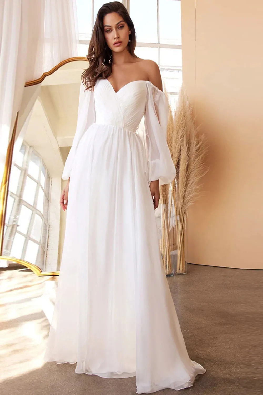 White A-Line Off the Shoulder Long Sleeves Ruched Wedding Party Dress sold by Zapaka