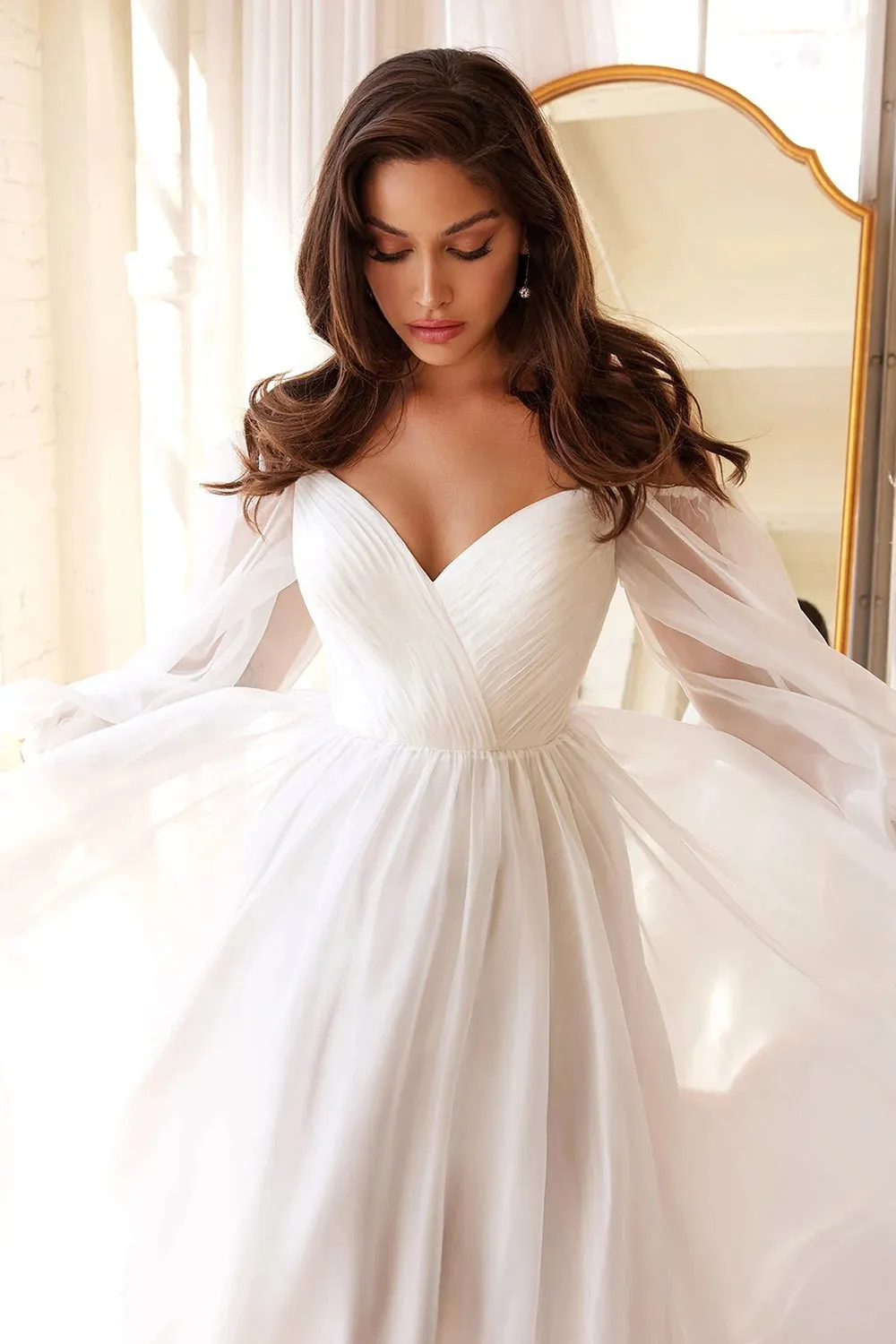 White A-Line Off the Shoulder Long Sleeves Ruched Wedding Party Dress sold by Zapaka product image thumbnail 5