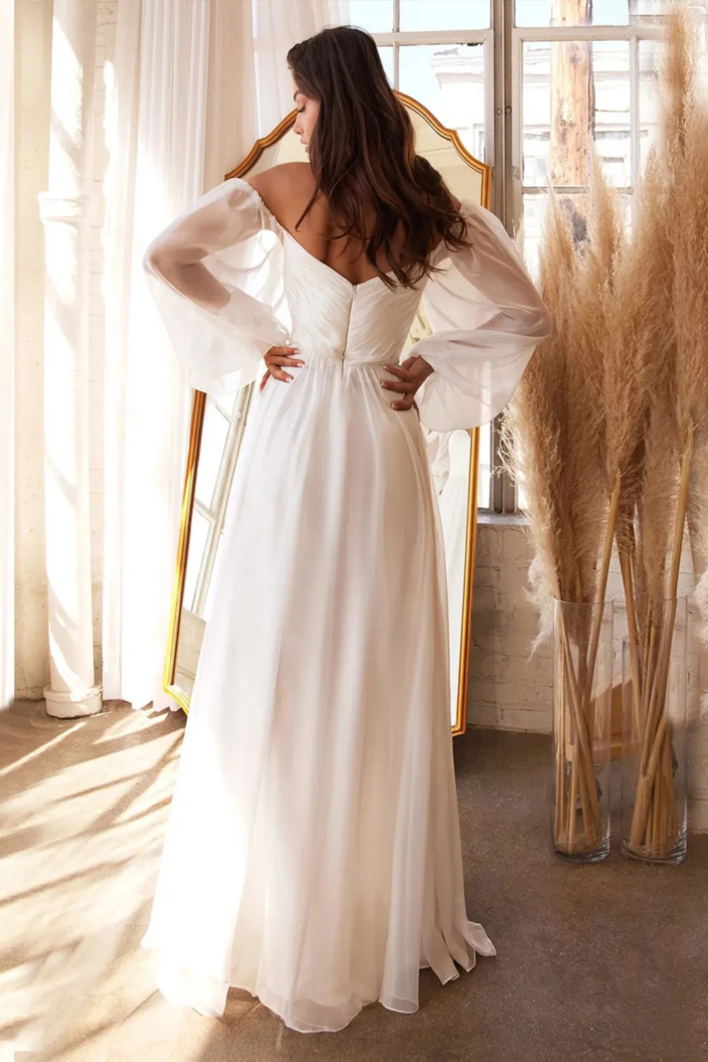 White A-Line Off the Shoulder Long Sleeves Ruched Wedding Party Dress sold by Zapaka product image thumbnail 2