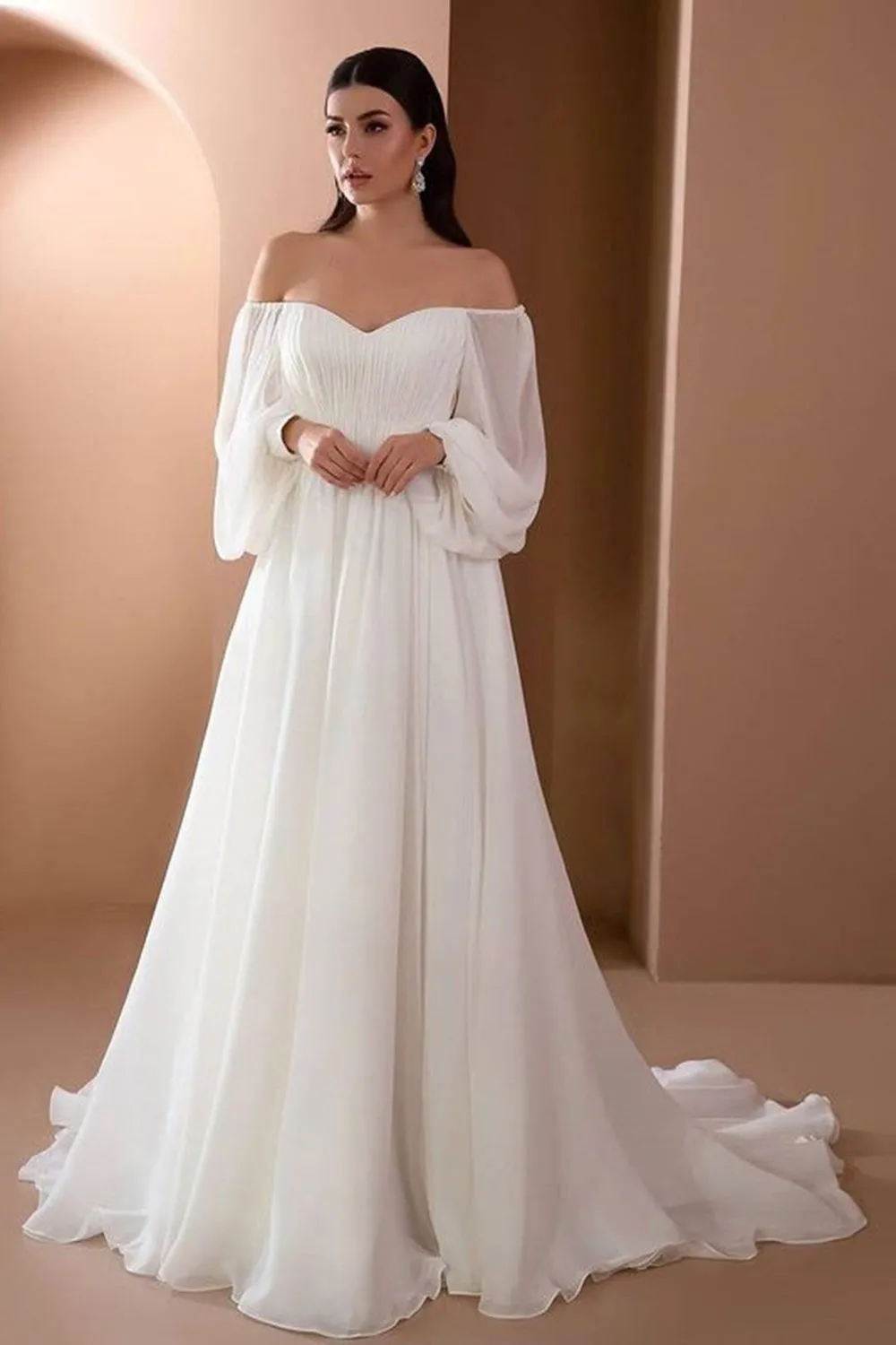 White Off the Shoulder Long Sleeves A-Line Wedding Party Dress sold by Zapaka