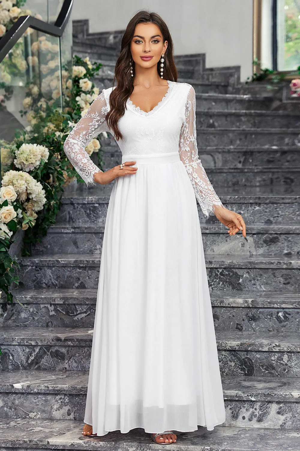 A-Line Long Sleeves V Neck Long White Dress sold by Zapaka product image thumbnail 4