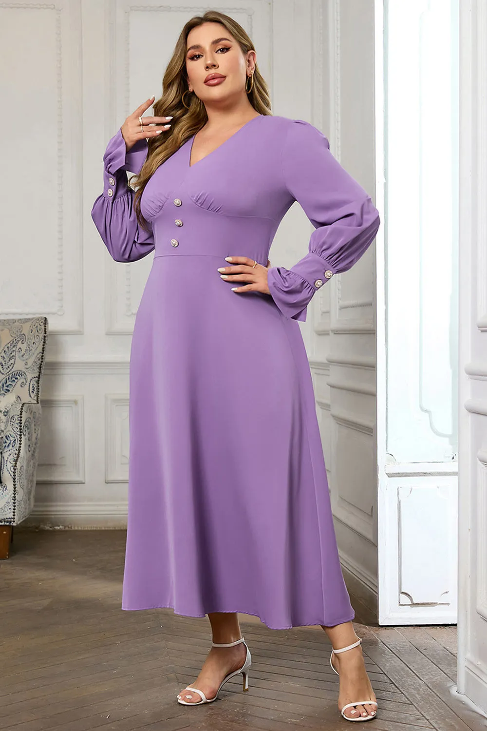 Violet V Neck Long Sleeve Plain Midi Bodycon Prom Dress sold by Zapaka product image thumbnail 3