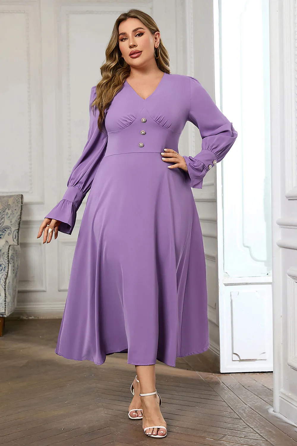 Violet V Neck Long Sleeve Plain Midi Bodycon Prom Dress sold by Zapaka product image thumbnail 4