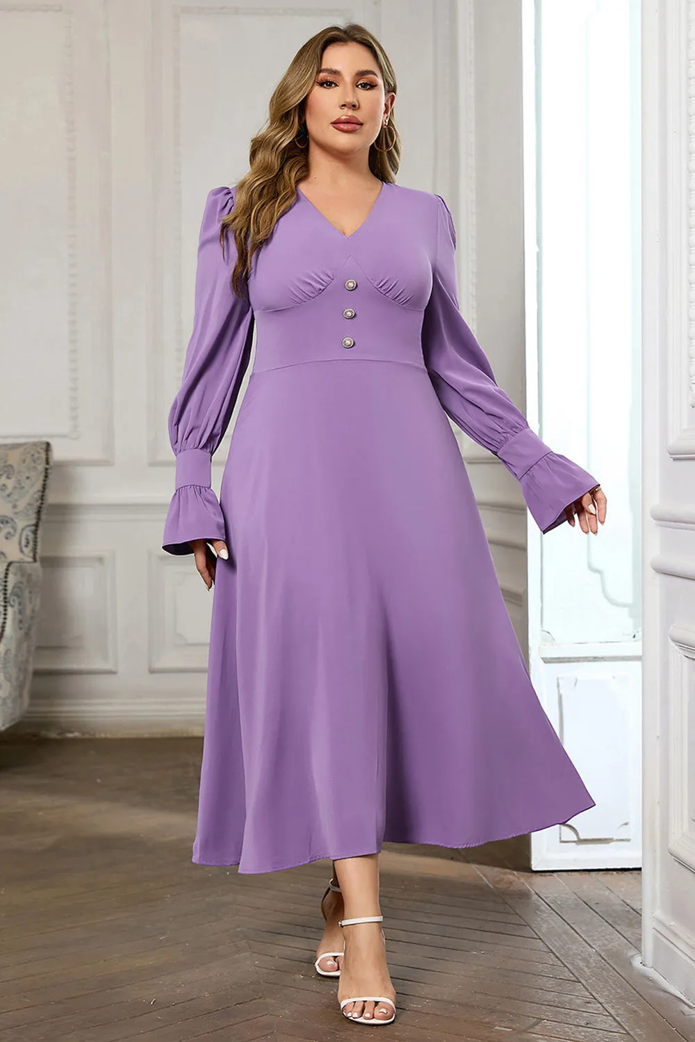 Violet V Neck Long Sleeve Plain Midi Bodycon Prom Dress sold by Zapaka