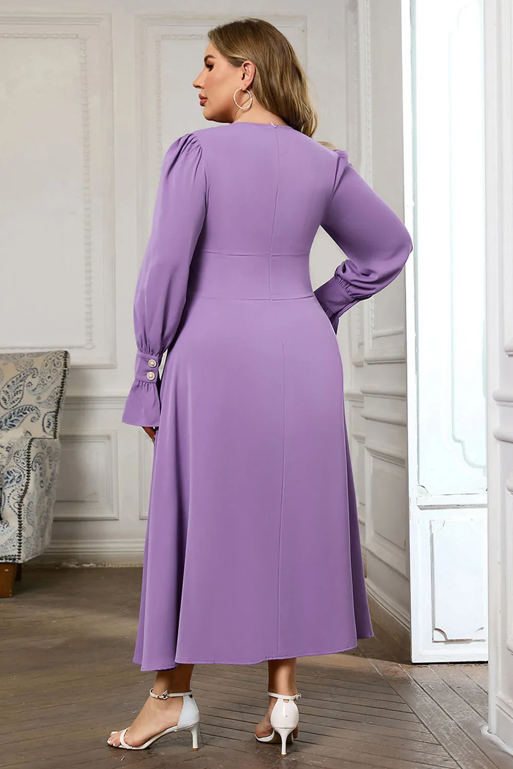 Violet V Neck Long Sleeve Plain Midi Bodycon Prom Dress sold by Zapaka product image thumbnail 2
