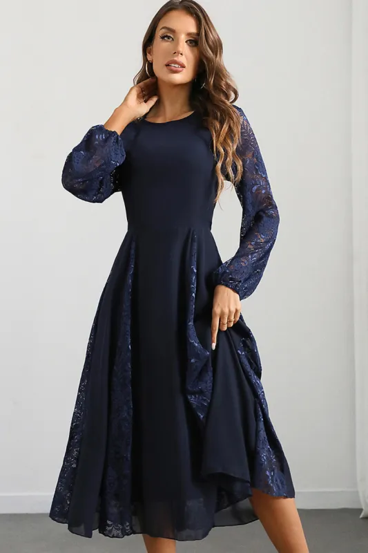 Navy A Line Round Neck Long Prom Dress with Long Sleeves sold by Zapaka