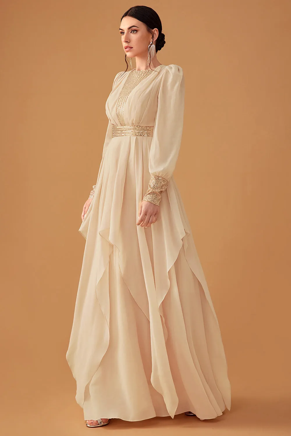 Champagne Ruffles A Line Long Prom Dress with Long Sleeves sold by Zapaka product image thumbnail 3