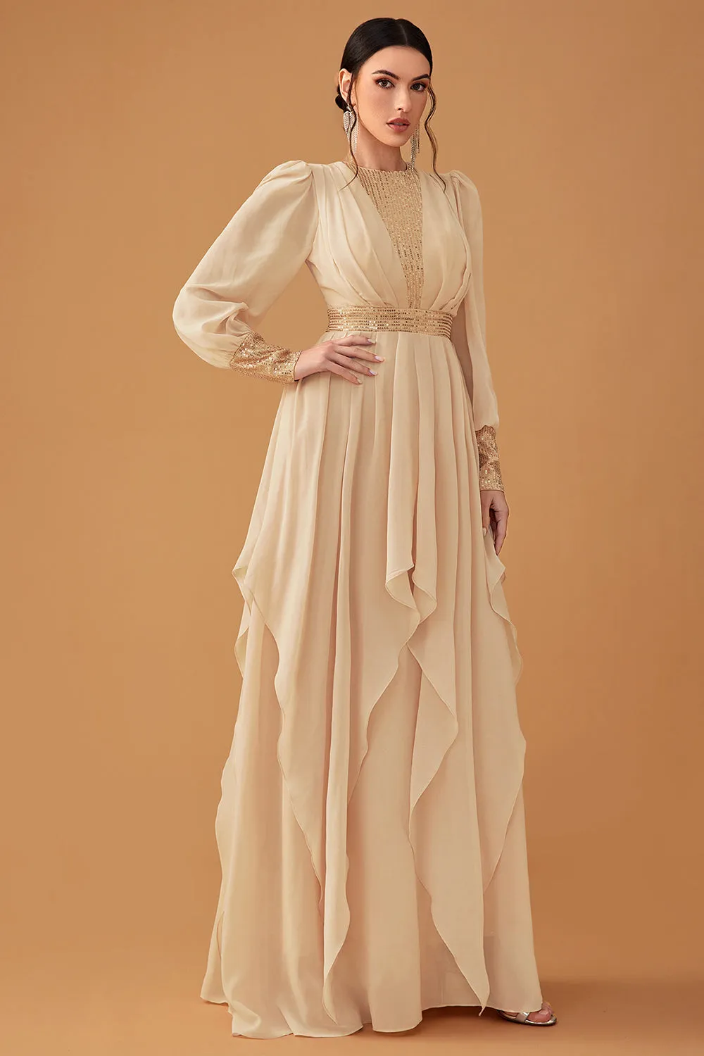 Champagne Ruffles A Line Long Prom Dress with Long Sleeves sold by Zapaka product image thumbnail 4