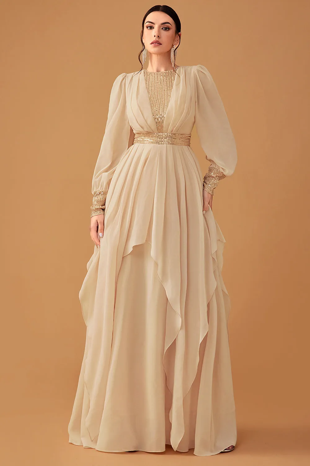 Champagne Ruffles A Line Long Prom Dress with Long Sleeves sold by Zapaka