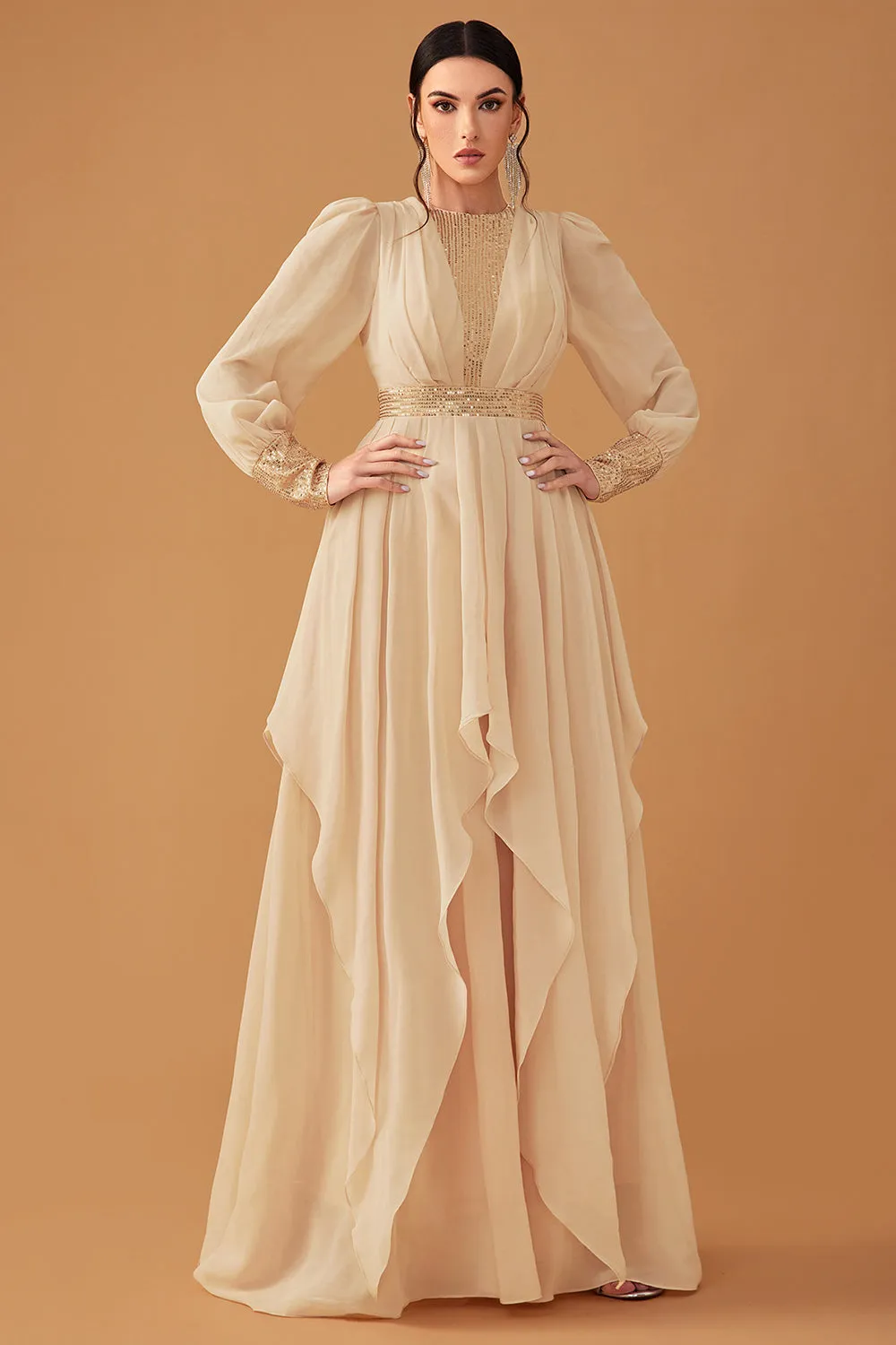 Champagne Ruffles A Line Long Prom Dress with Long Sleeves sold by Zapaka product image thumbnail 5