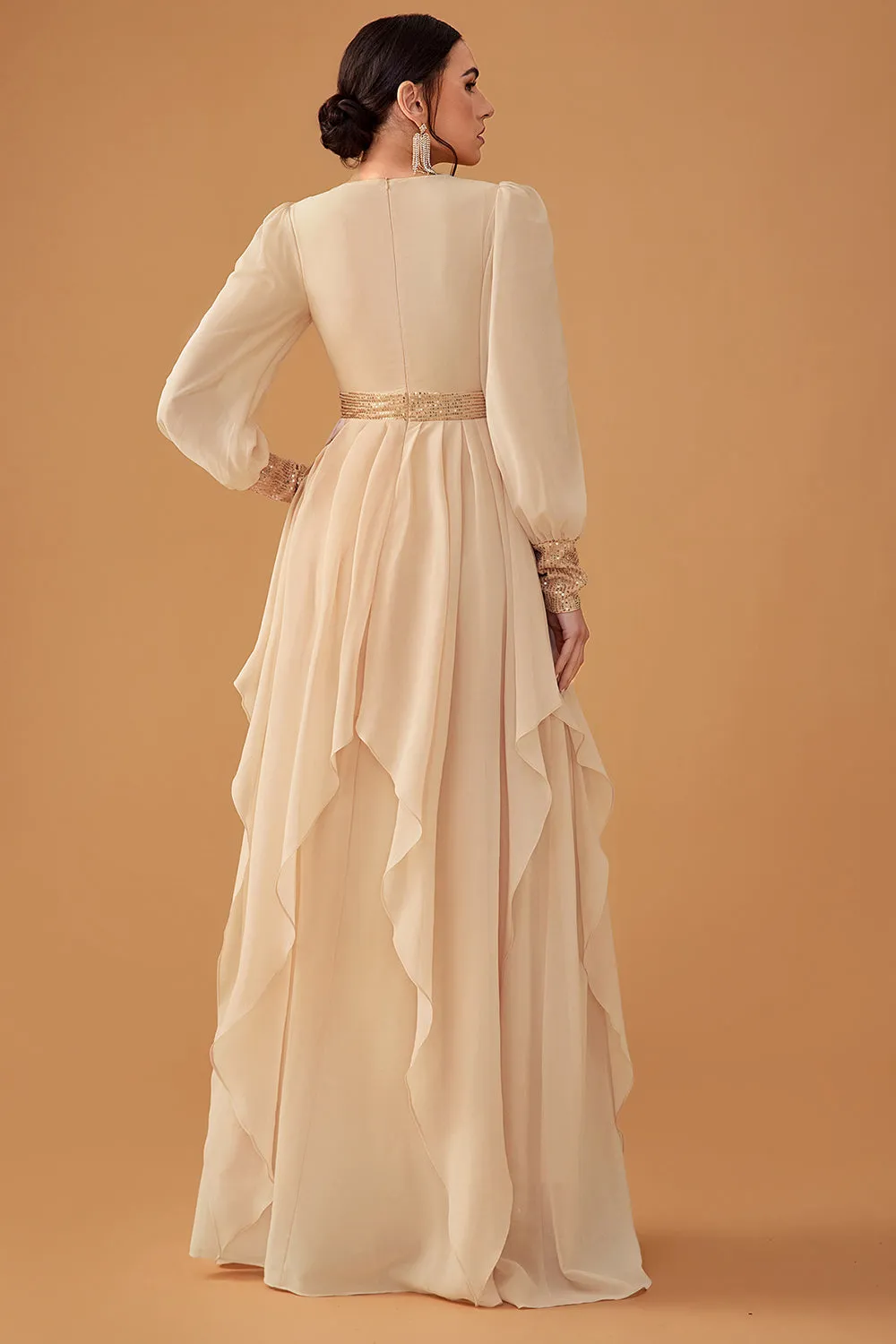 Champagne Ruffles A Line Long Prom Dress with Long Sleeves sold by Zapaka product image thumbnail 2