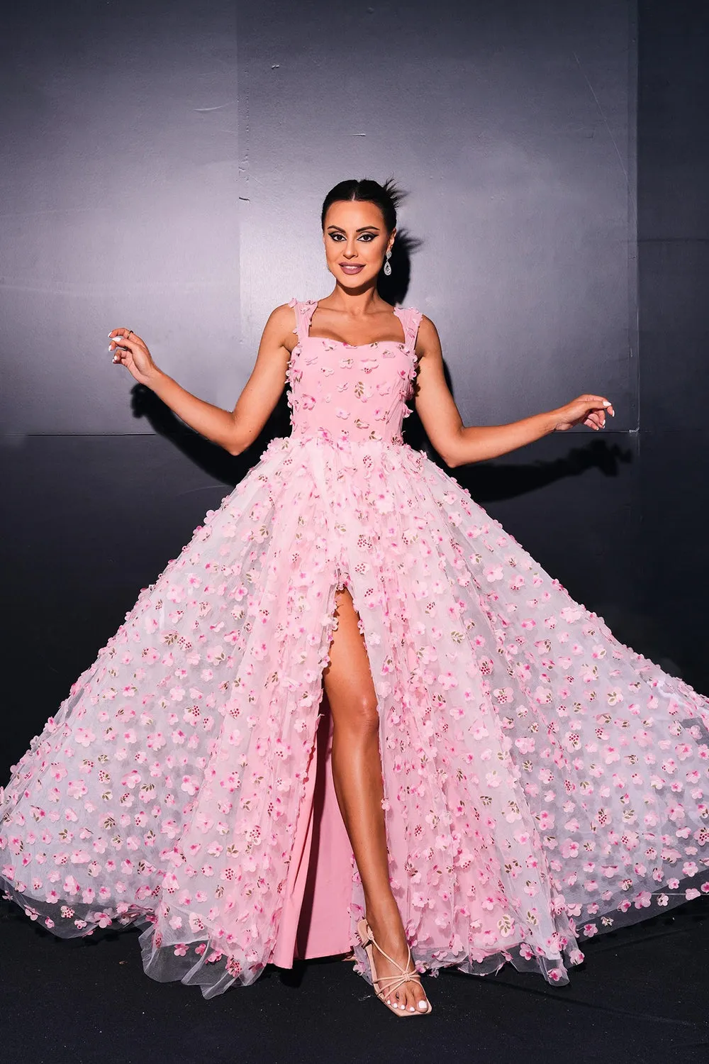 Pink A Line Tulle Slit Long Prom Dress with Appliques sold by Zapaka product image thumbnail 5