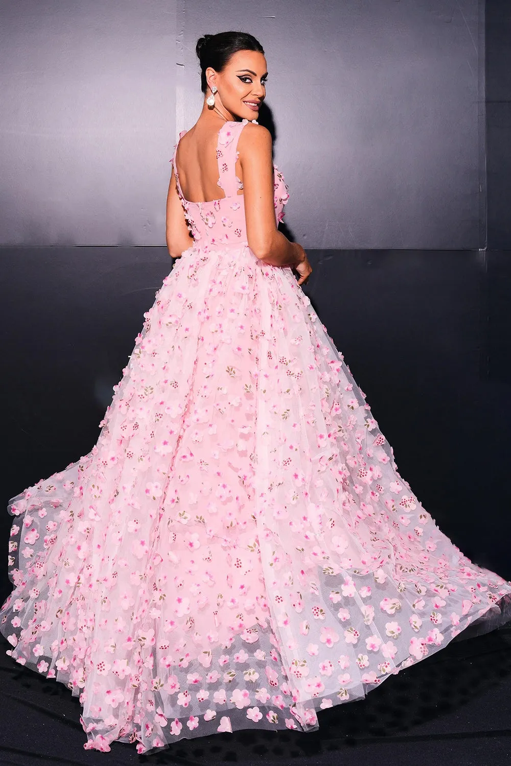 Pink A Line Tulle Slit Long Prom Dress with Appliques sold by Zapaka product image thumbnail 2