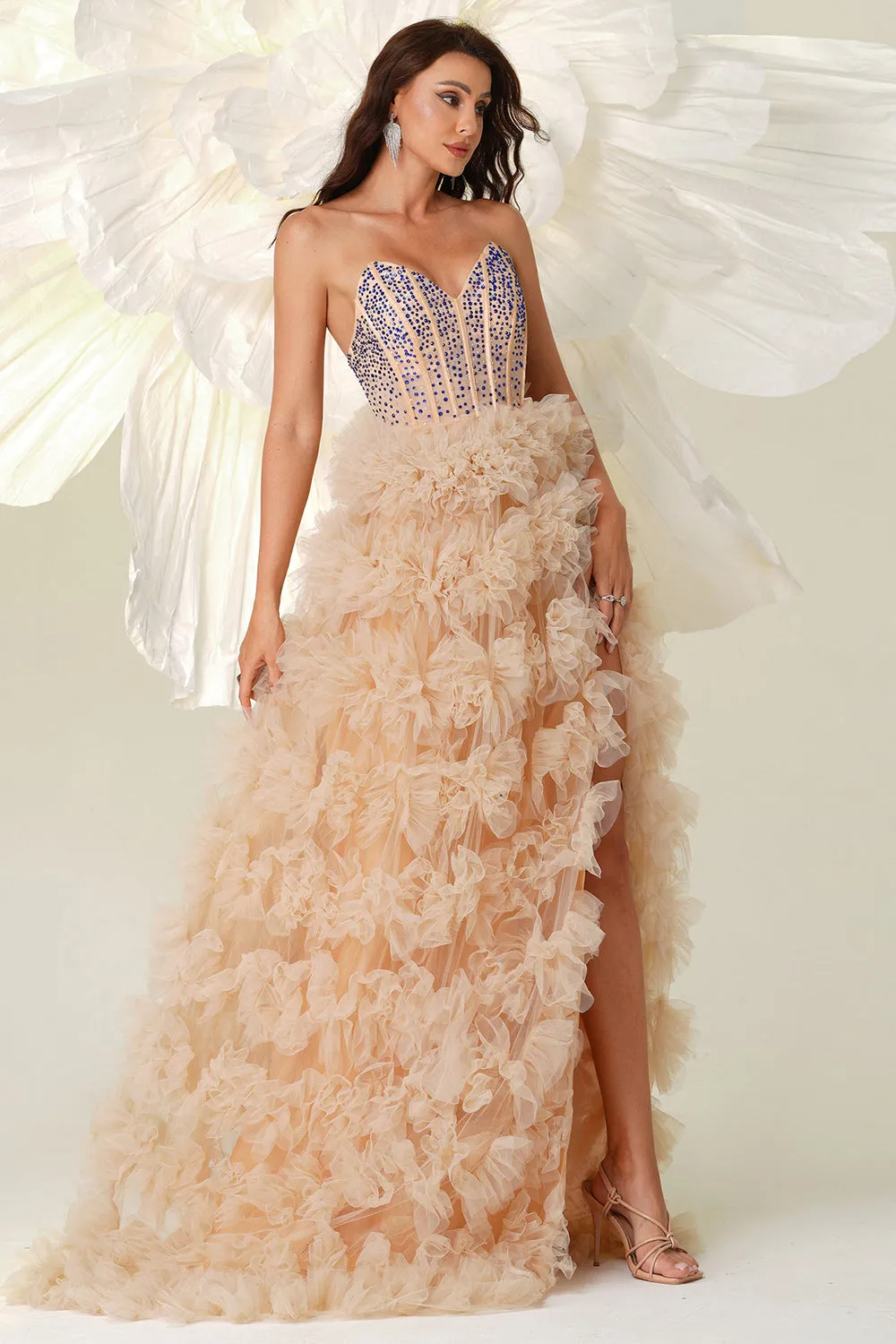 Champagne A Line Sweetheart Corset Tiered Tulle Long Prom Dress with Slit sold by Zapaka product image thumbnail 4