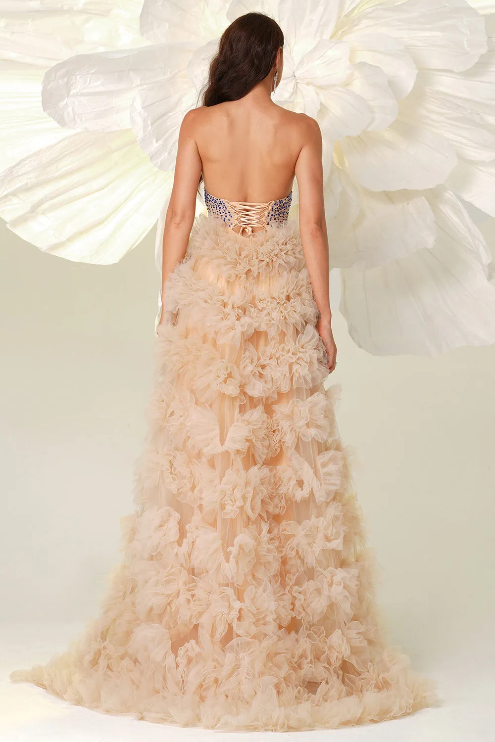 Champagne A Line Sweetheart Corset Tiered Tulle Long Prom Dress with Slit sold by Zapaka product image thumbnail 2