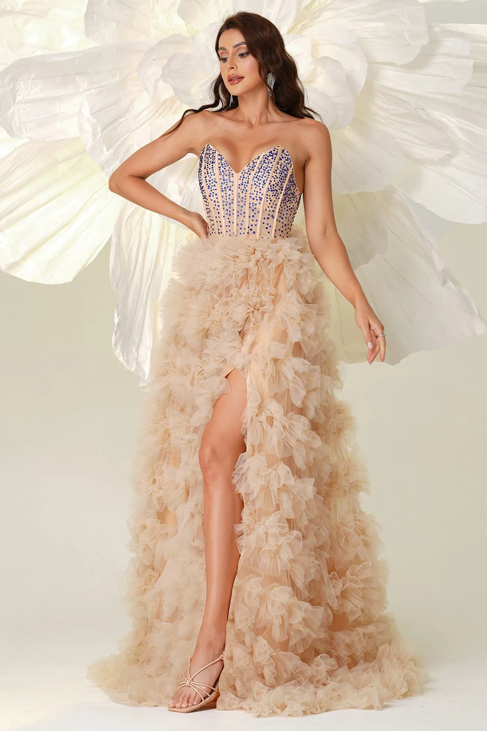 Champagne A Line Sweetheart Corset Tiered Tulle Long Prom Dress with Slit sold by Zapaka product image thumbnail 3
