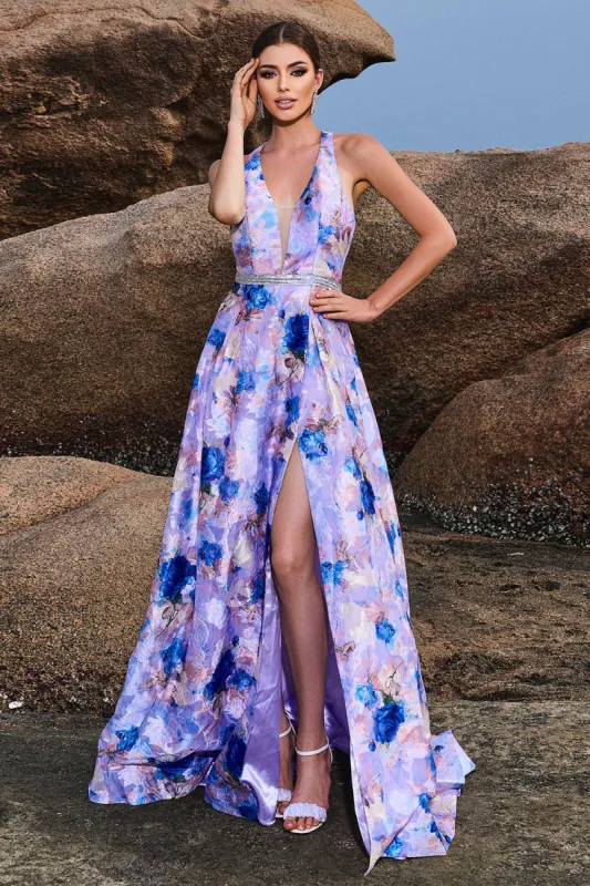 Floral Print Blue Purple A Line Halter Prom Dress with Slit sold by Zapaka