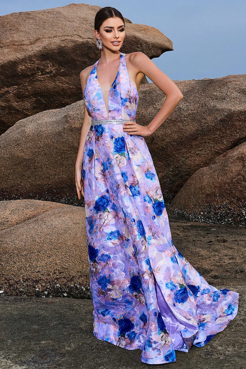 Floral Print Blue Purple A Line Halter Prom Dress with Slit sold by Zapaka product image thumbnail 3