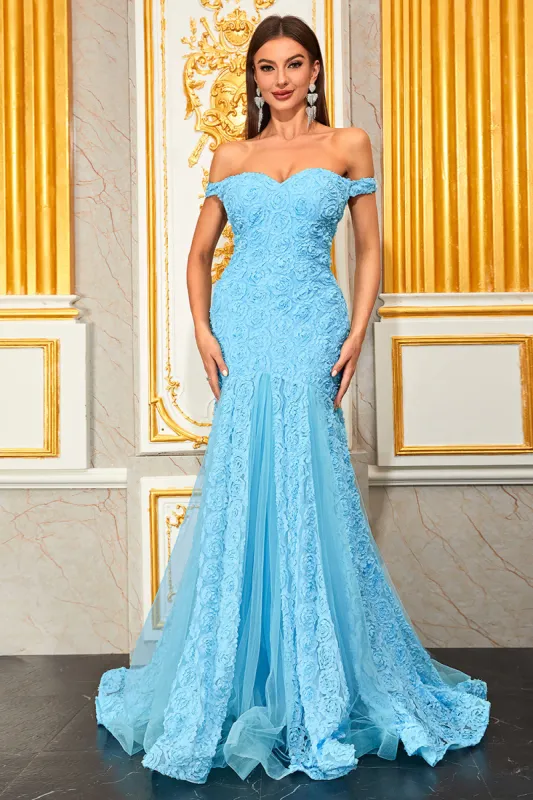 Light Blue Appliques A Line Off the Shoulder Floral Tulle Long Prom Dress made by Zapaka