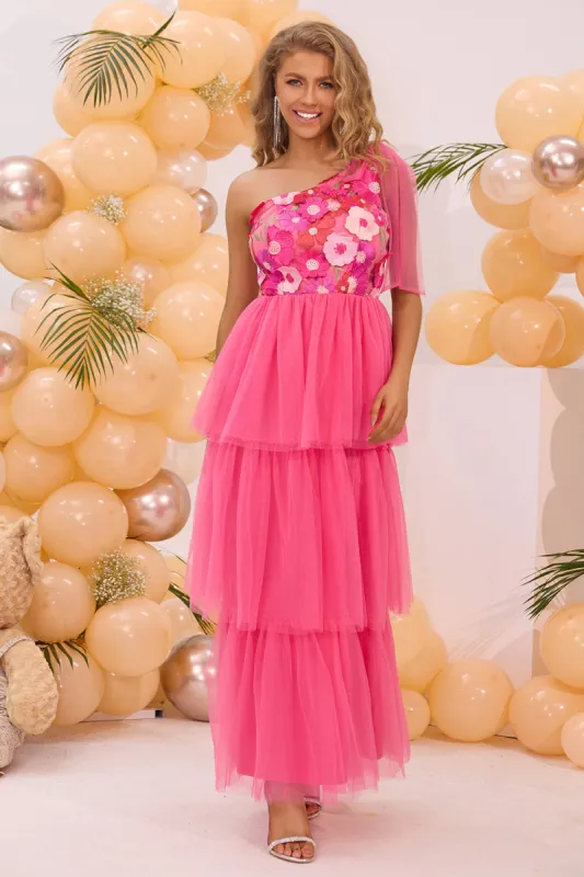 Fuchsia One Shoulder A Line Tiered Tulle Long Prom Dress sold by Zapaka