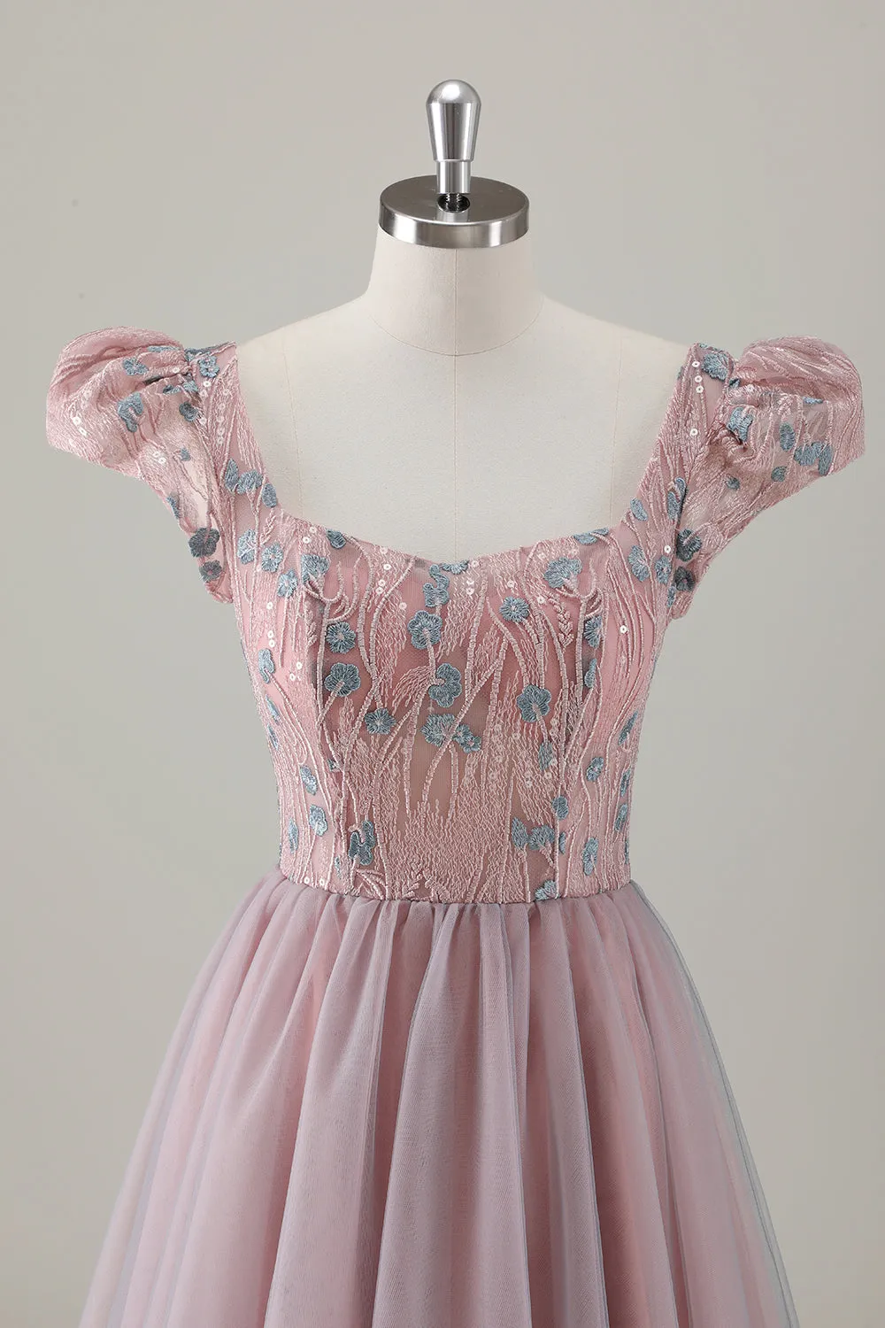 Grey Pink Floral A-Line Long Prom Dress with Short Sleeves sold by Zapaka product image thumbnail 4