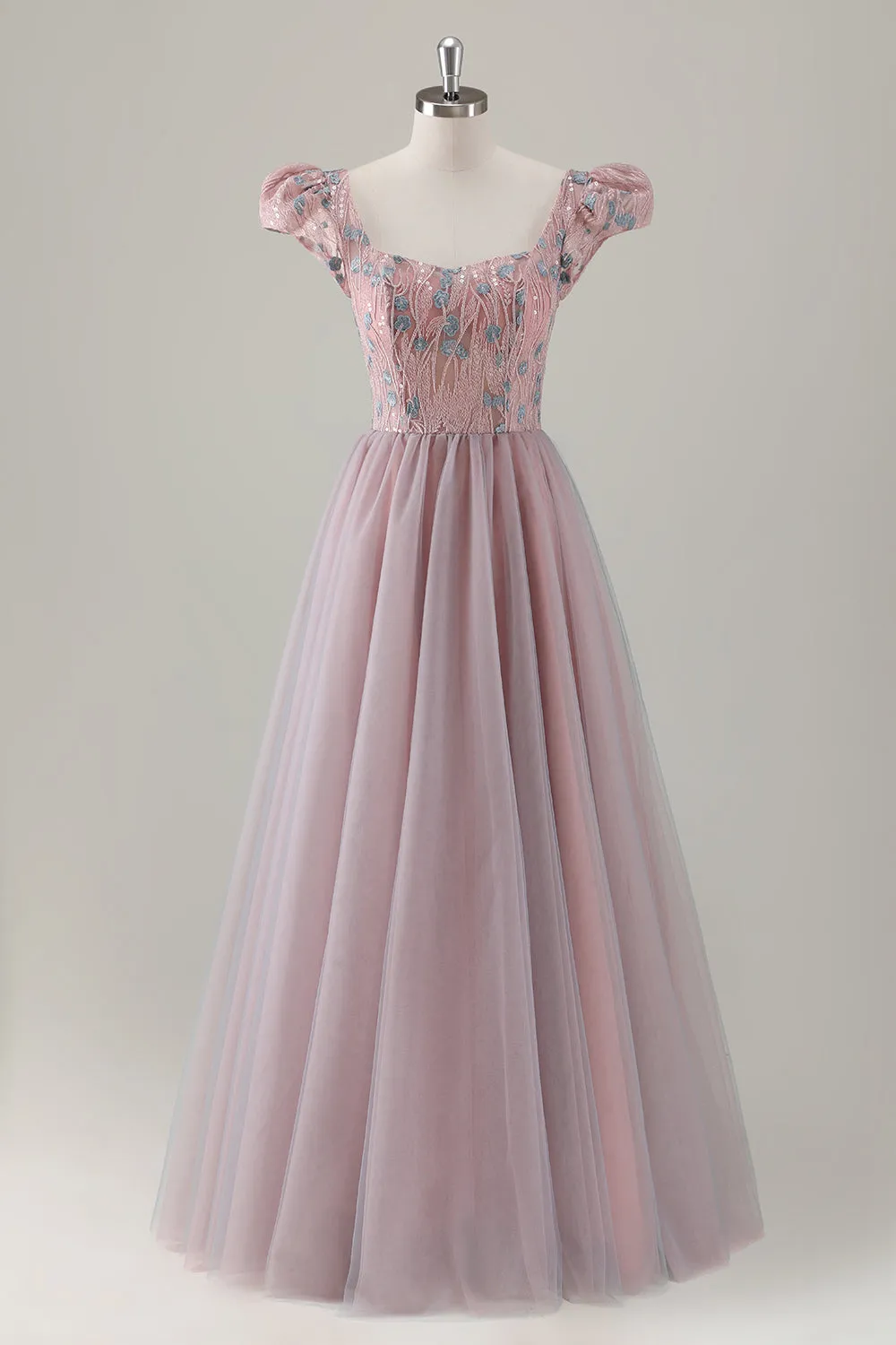 Grey Pink Floral A-Line Long Prom Dress with Short Sleeves sold by Zapaka