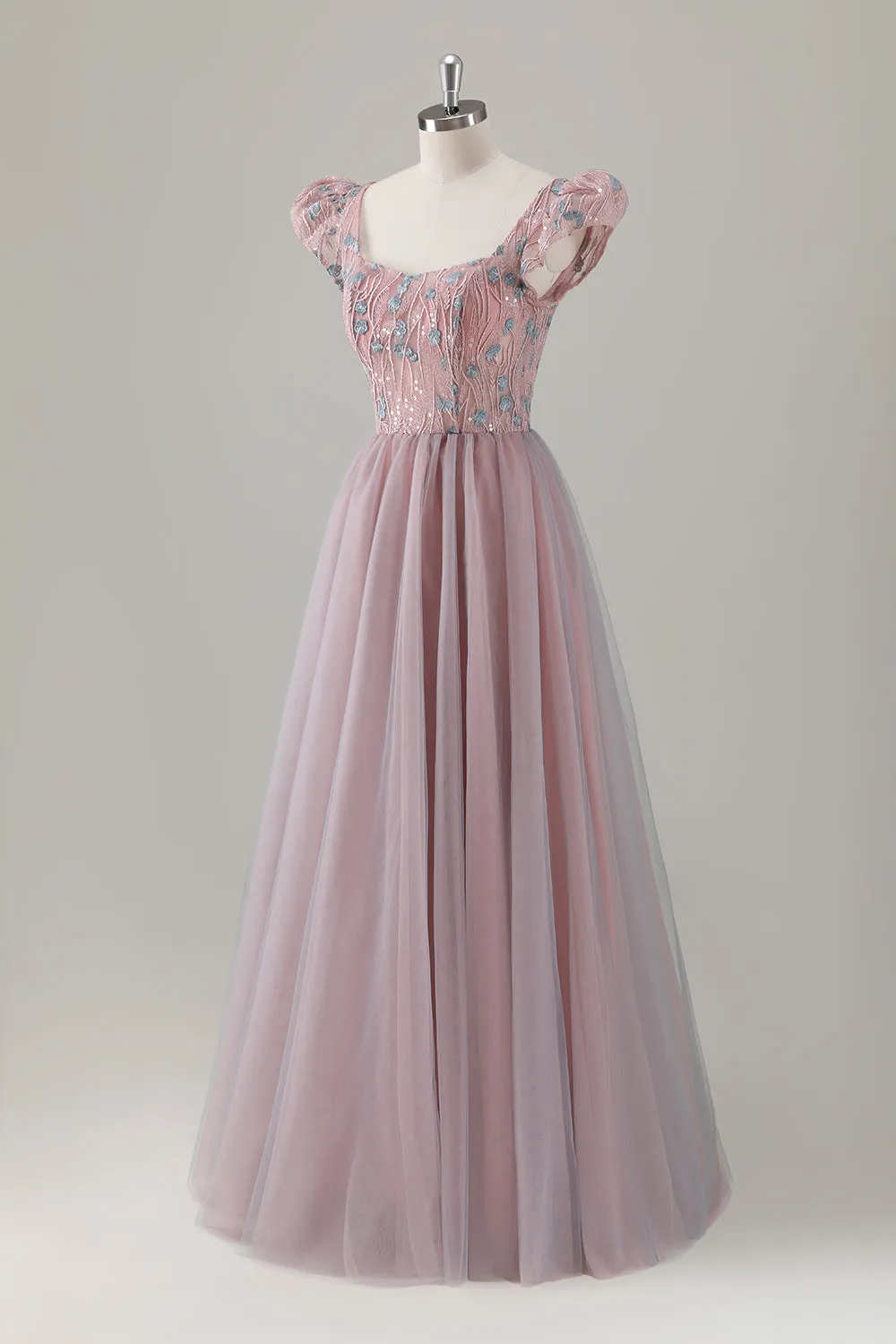 Grey Pink Floral A-Line Long Prom Dress with Short Sleeves sold by Zapaka product image thumbnail 3