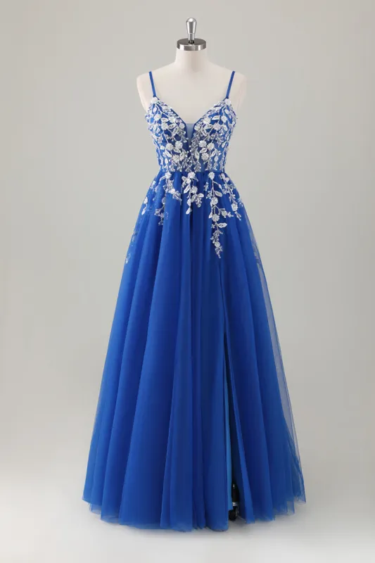 Royal Blue Ball-Gown Long Appliqued Prom Dress with Slit sold by Zapaka