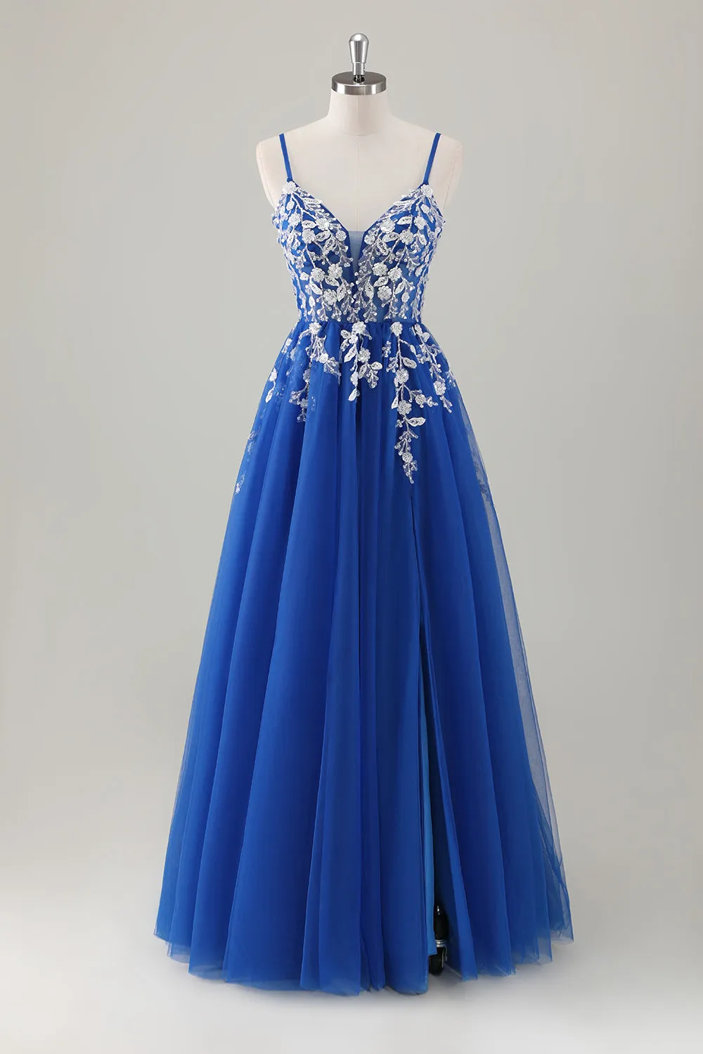 Royal Blue Ball-Gown Long Appliqued Prom Dress with Slit sold by Zapaka
