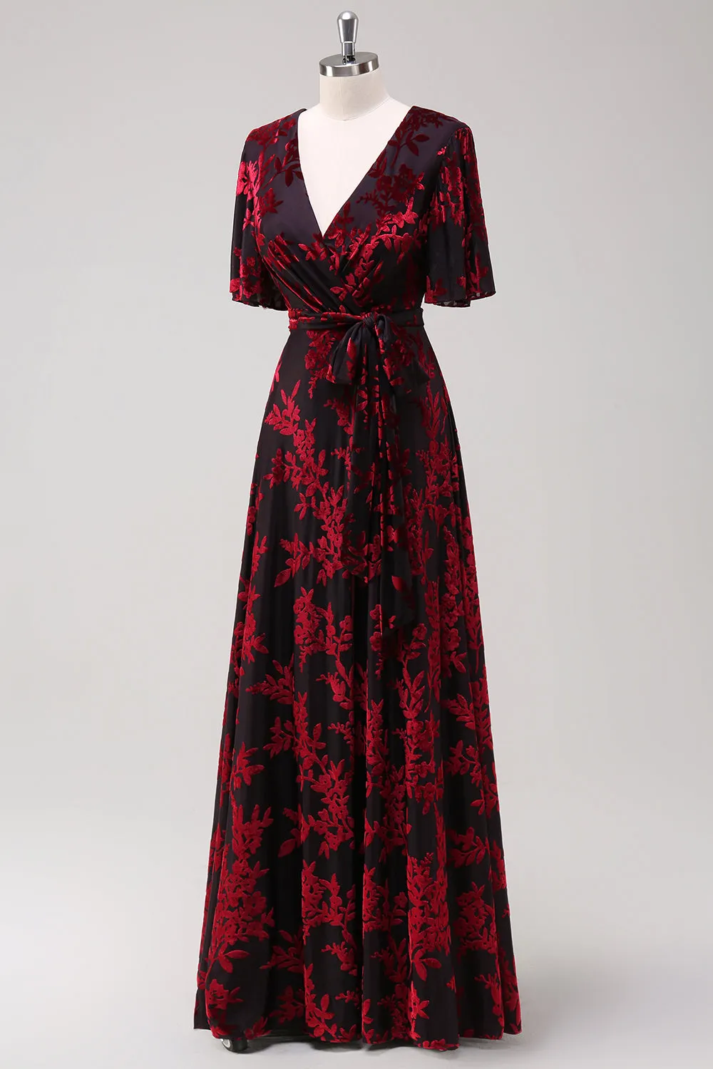 Burgundy A Line Burnout Velvet Long Prom Dress sold by Zapaka product image thumbnail 3