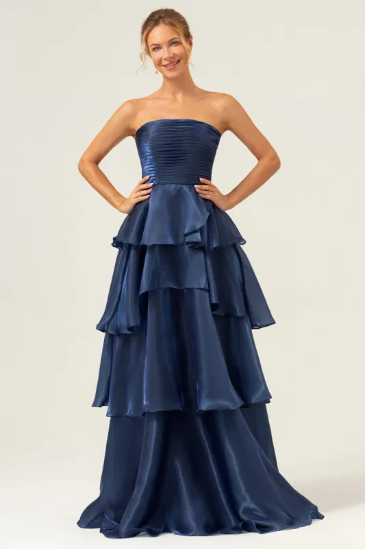 Dark Navy A Line Strapless Tiered Satin Long Prom Dress sold by Zapaka