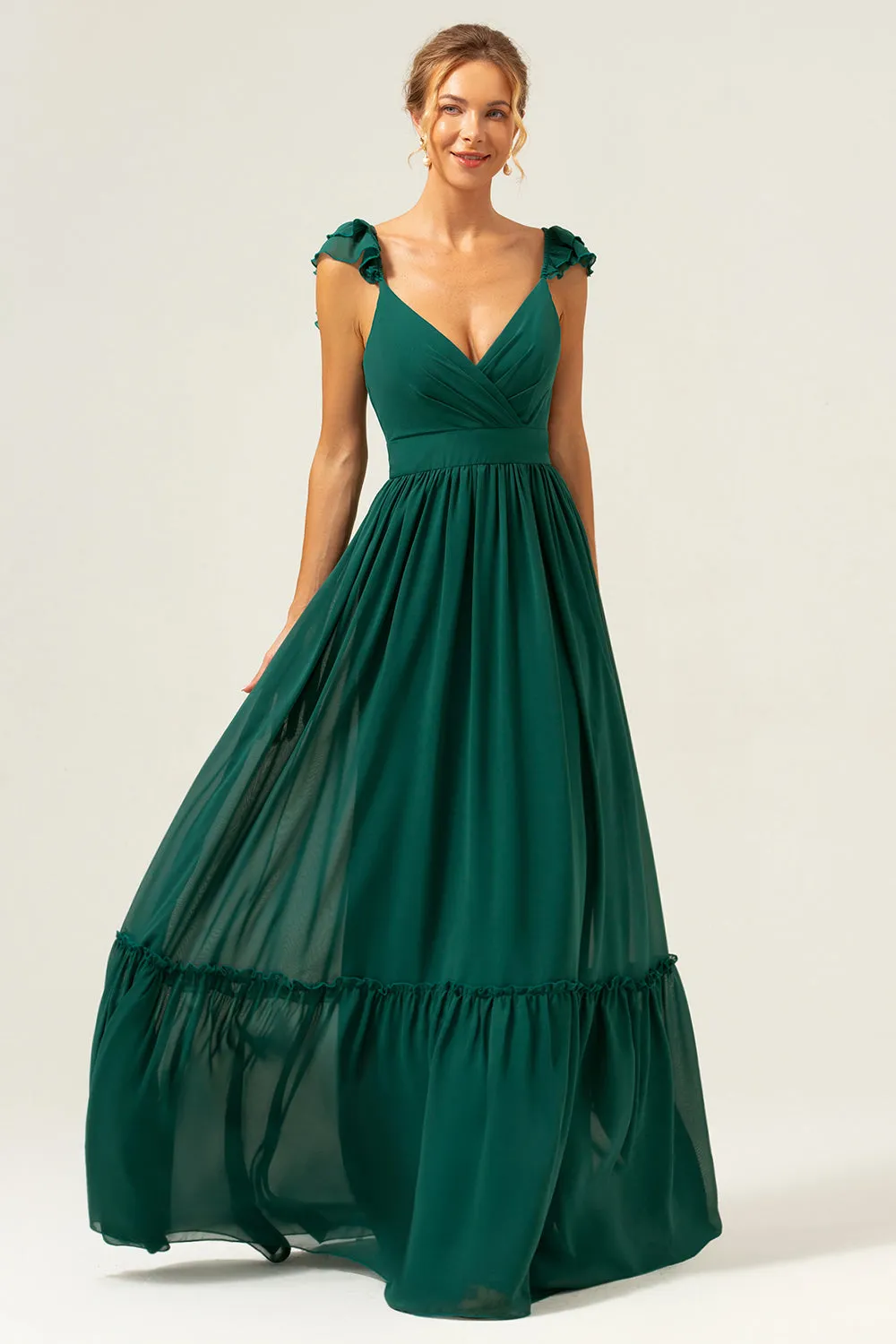 Dark Green A Line V-Neck Ruched Chiffon Long Bridesmaid Dress sold by Zapaka