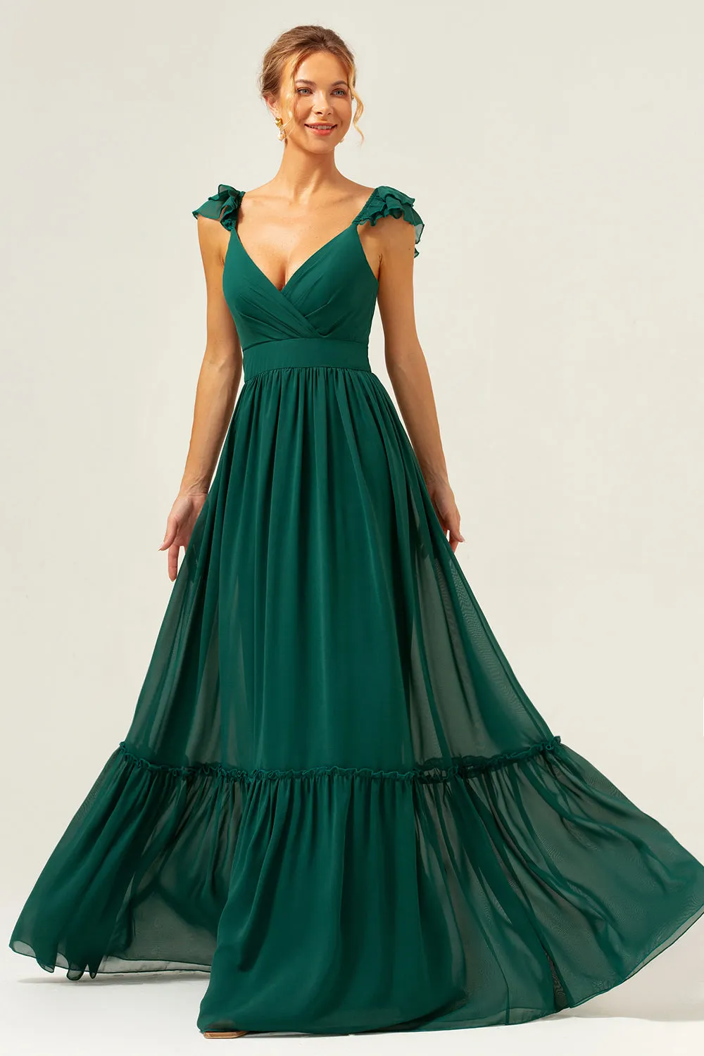 Dark Green A Line V-Neck Ruched Chiffon Long Bridesmaid Dress sold by Zapaka product image thumbnail 4