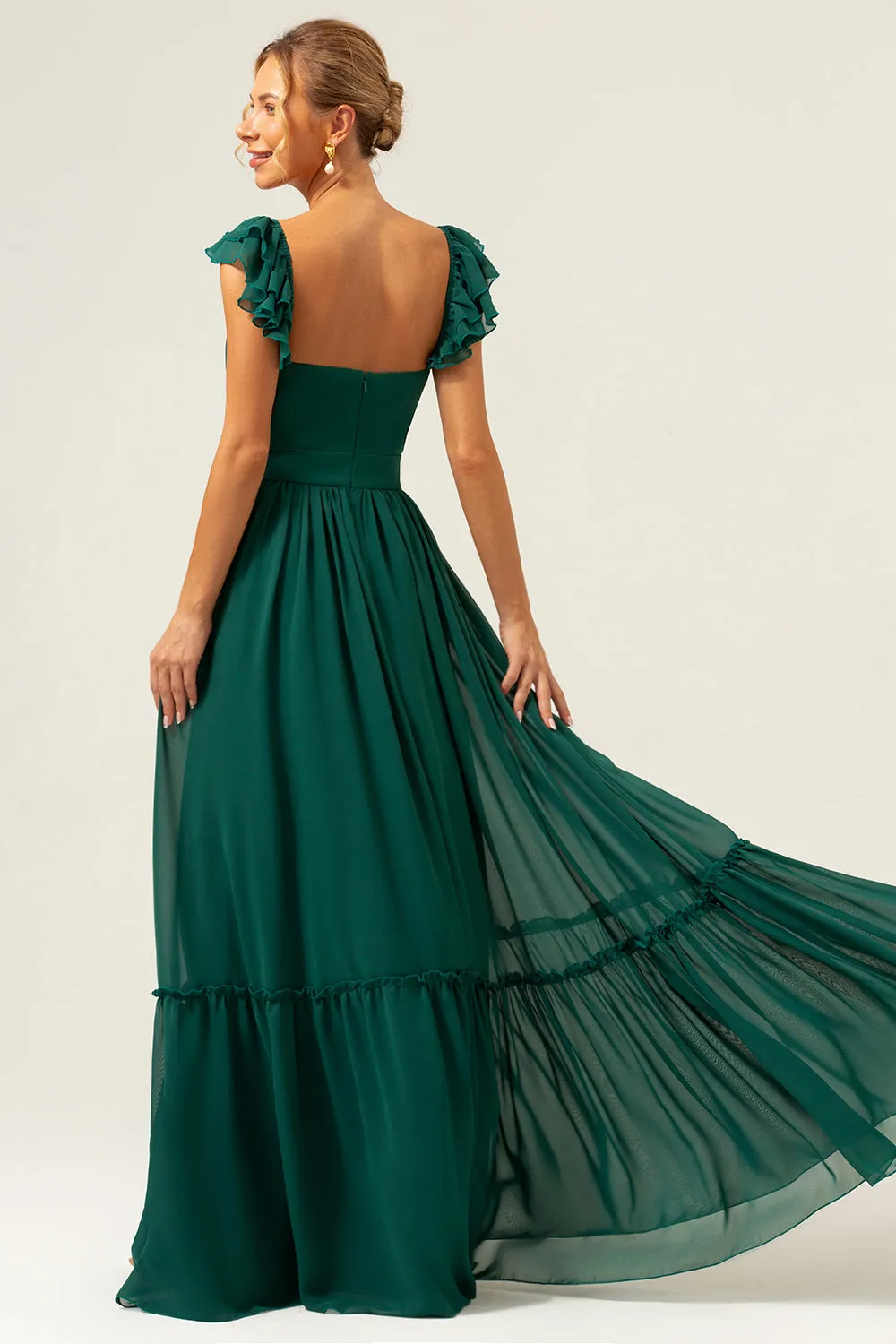 Dark Green A Line V-Neck Ruched Chiffon Long Bridesmaid Dress sold by Zapaka product image thumbnail 2