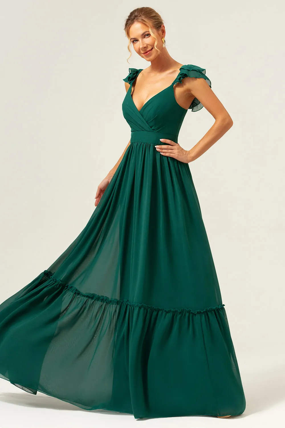 Dark Green A Line V-Neck Ruched Chiffon Long Bridesmaid Dress sold by Zapaka product image thumbnail 3