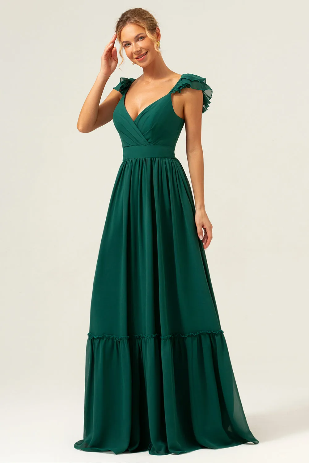 Dark Green A Line V-Neck Ruched Chiffon Long Bridesmaid Dress sold by Zapaka product image thumbnail 5