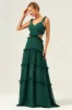 Dark Green A-Line Chiffon Ruffled Long Bridesmaid Dress with Hollow Out sold by Zapaka